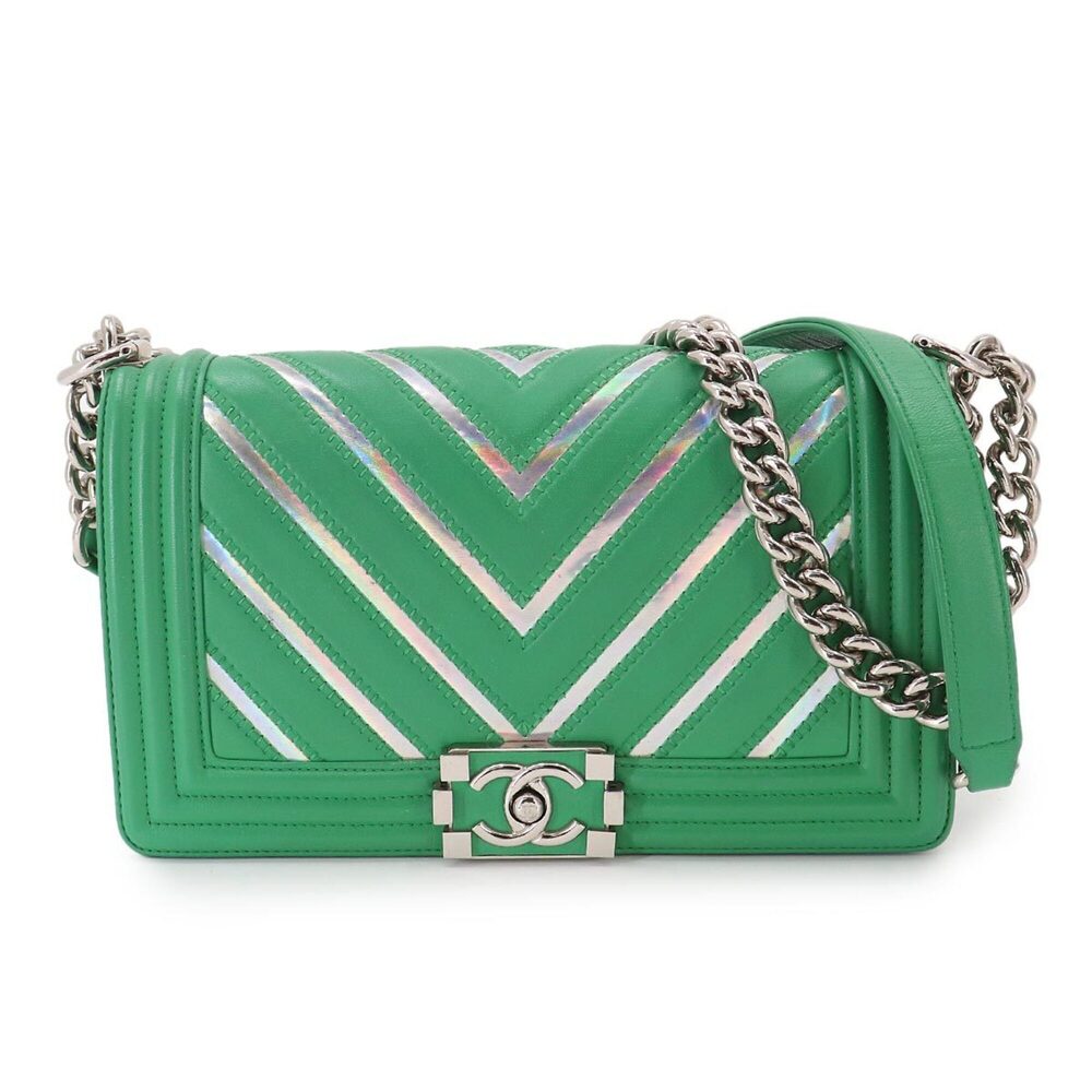 Chanel Boy Chain Shoulder Handbag, Lambskin, Green, A67086, Silver Hardware